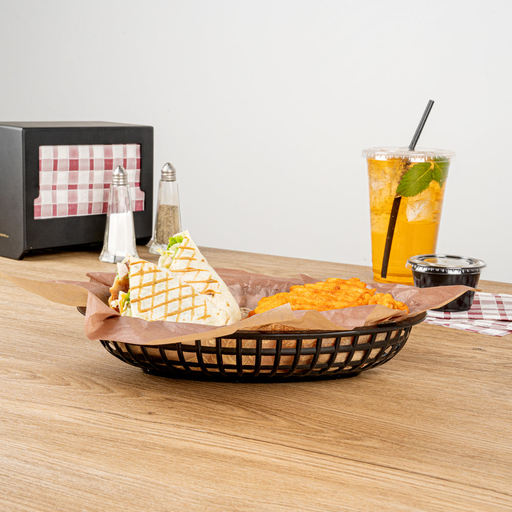 Chef 101 Oval Black Plastic Fast Food Serving Basket - 10 1/4" x 6 3/4" x 2" - 100 count box