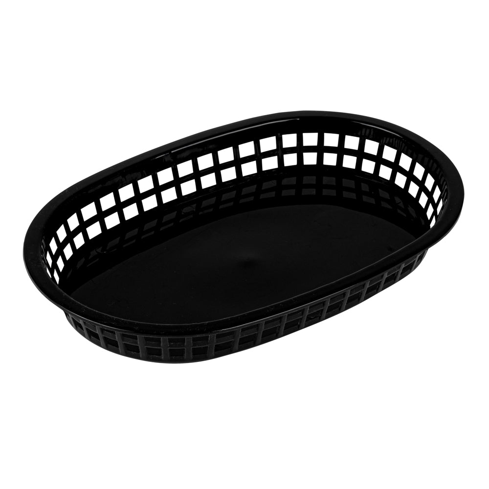 Chef 101 Oval Black Plastic Fast Food Serving Basket - 10 1/2" x 7 1/4" x 1 1/2" - 100 count box