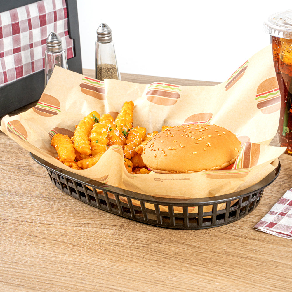 Chef 101 Oval Black Plastic Fast Food Serving Basket - 10 1/2" x 7 1/4" x 1 1/2" - 100 count box