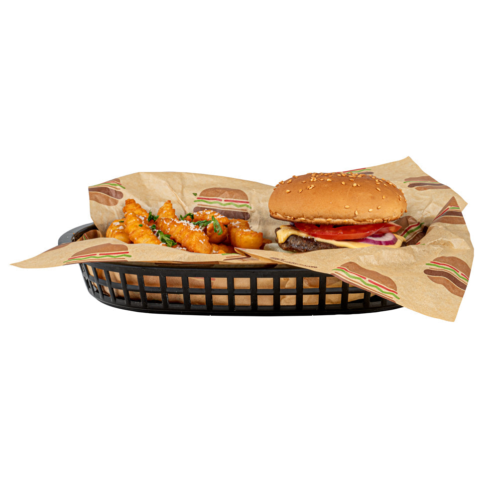Chef 101 Oval Black Plastic Fast Food Serving Basket - 10 1/2" x 7 1/4" x 1 1/2" - 100 count box