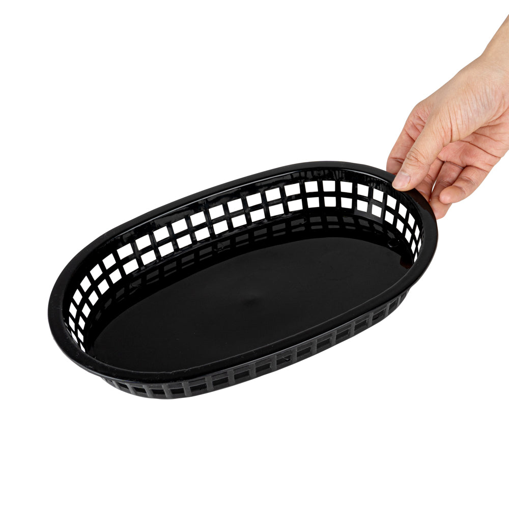 Chef 101 Oval Black Plastic Fast Food Serving Basket - 10 1/2" x 7 1/4" x 1 1/2" - 100 count box