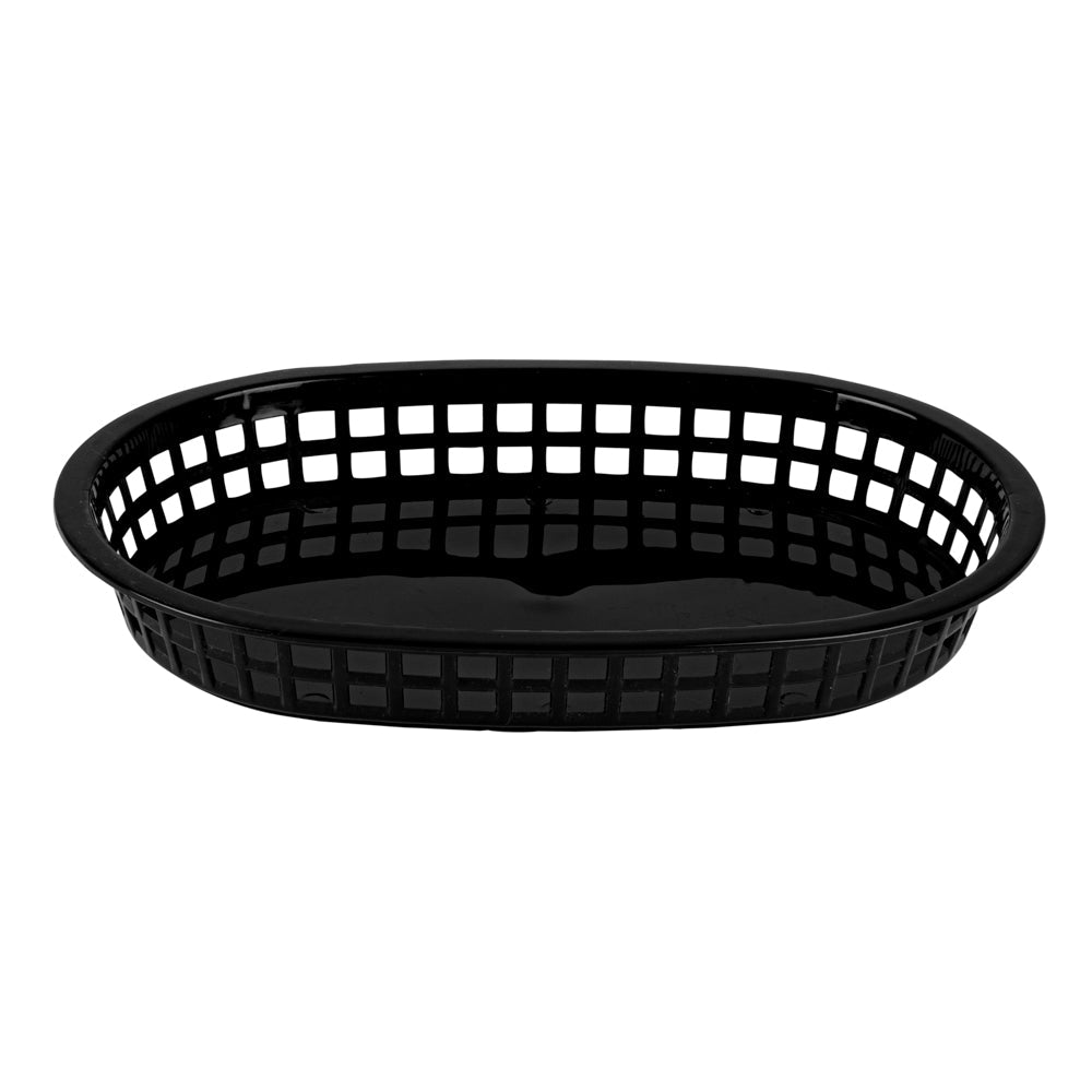 Chef 101 Oval Black Plastic Fast Food Serving Basket - 10 1/2" x 7 1/4" x 1 1/2" - 100 count box