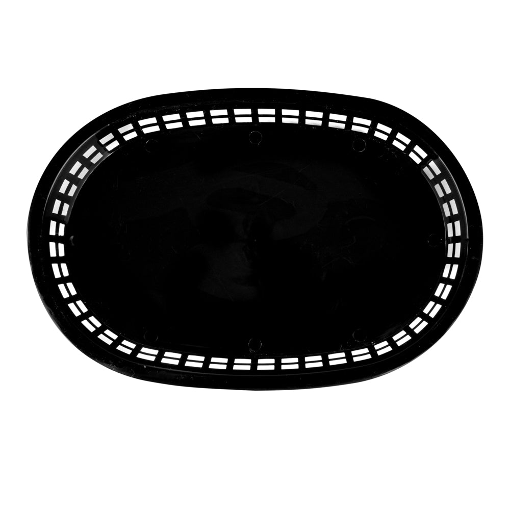 Chef 101 Oval Black Plastic Fast Food Serving Basket - 10 1/2" x 7 1/4" x 1 1/2" - 100 count box