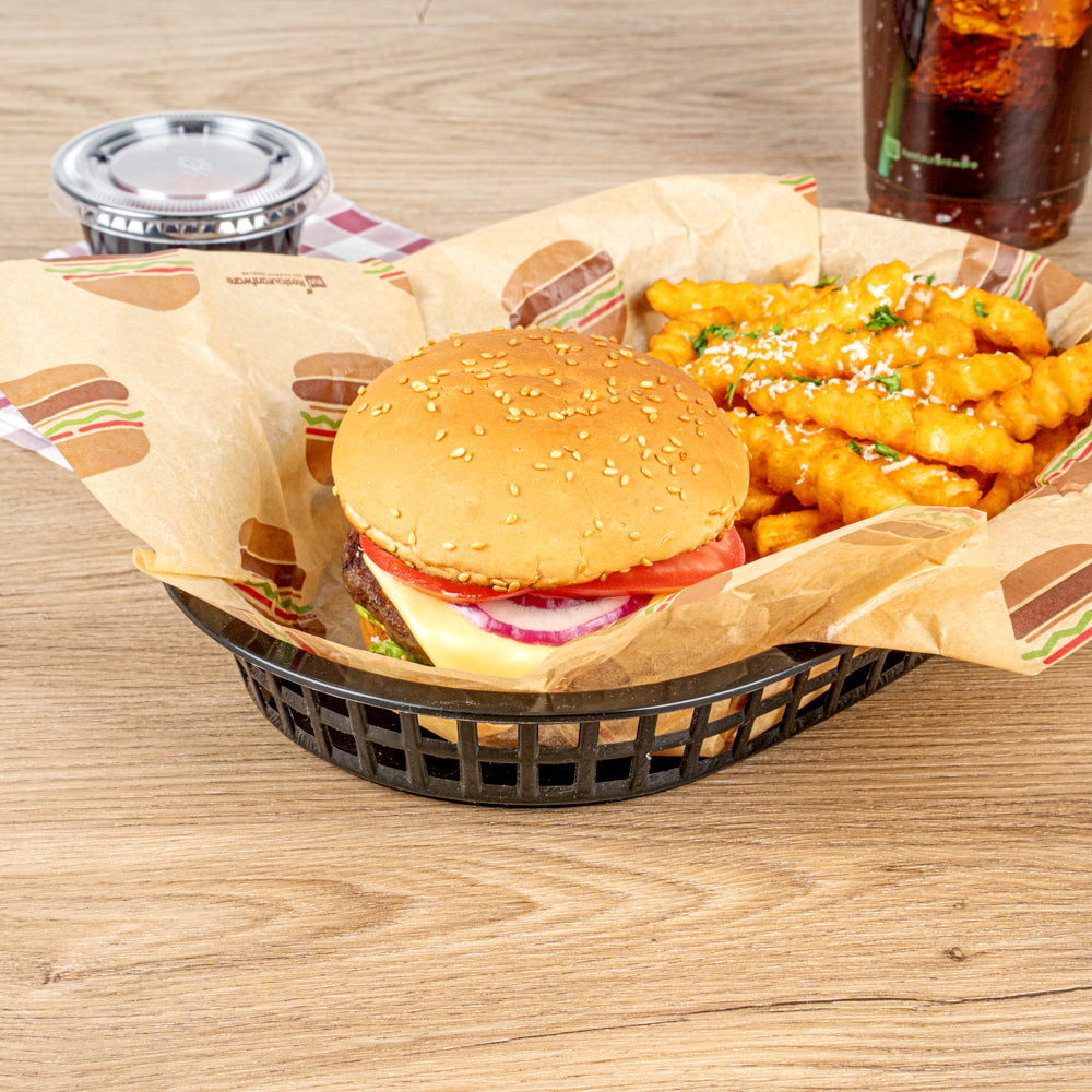 Chef 101 Oval Black Plastic Fast Food Serving Basket - 10 1/2" x 7 1/4" x 1 1/2" - 100 count box