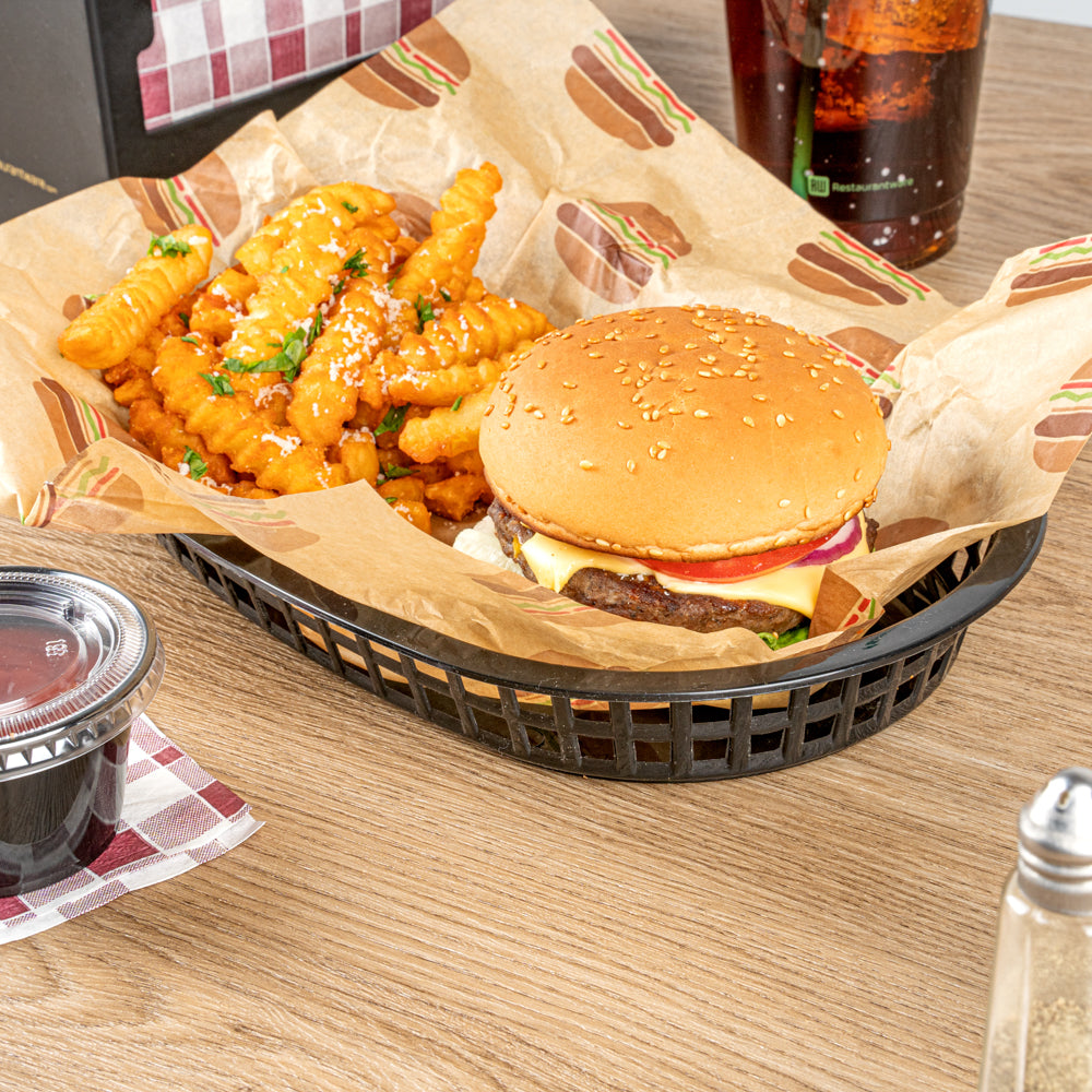 Chef 101 Oval Black Plastic Fast Food Serving Basket - 10 1/2" x 7 1/4" x 1 1/2" - 100 count box