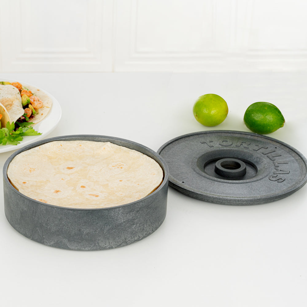 Chef 101 Round Gray Plastic Tortilla Warmer / Server - 8 1/2" x 8 1/2" x 2 1/4" - 1 count box