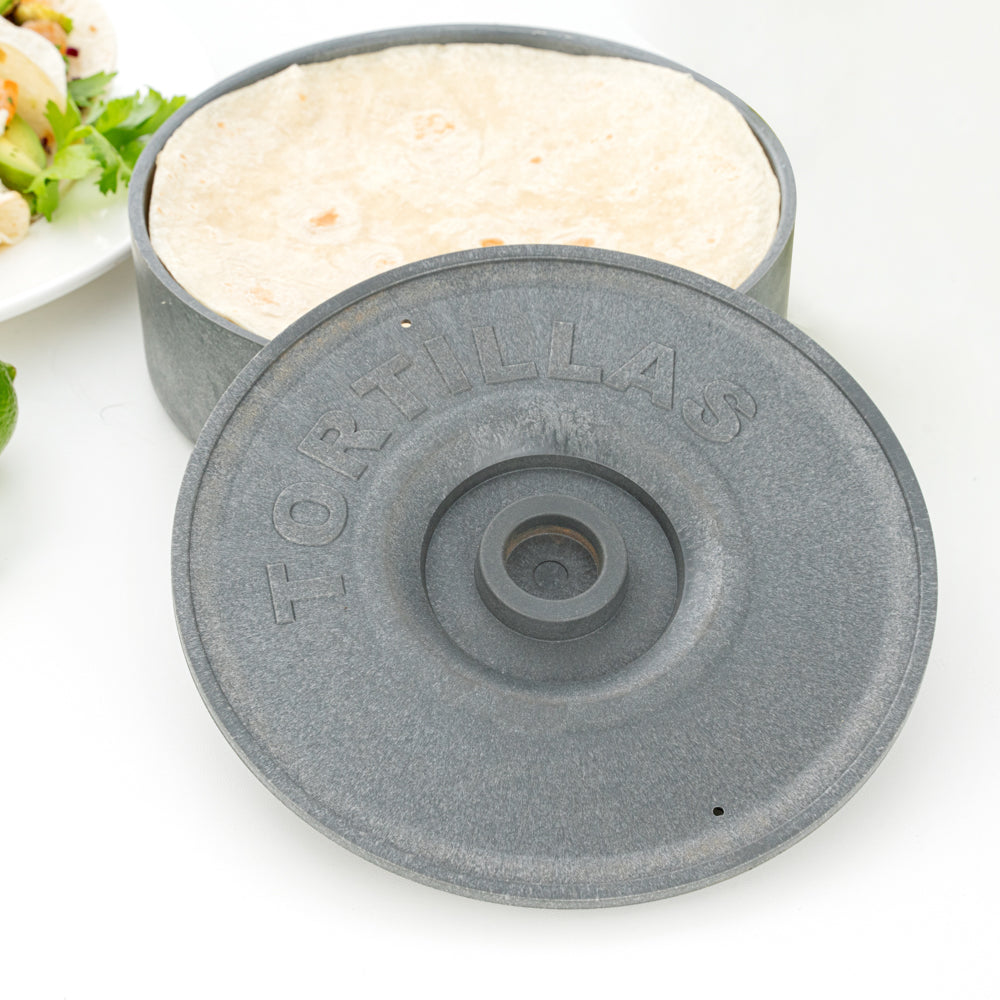 Chef 101 Round Gray Plastic Tortilla Warmer / Server - 8 1/2" x 8 1/2" x 2 1/4" - 10 count box