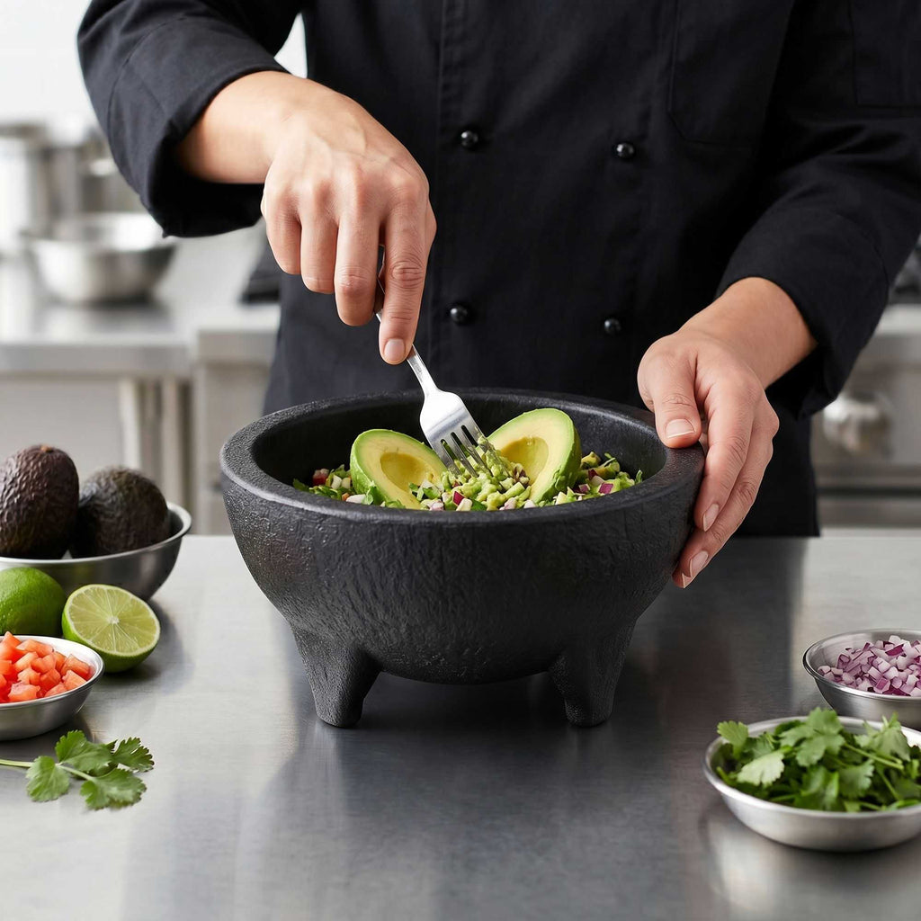 Chef 101 56 oz Black Thermal Plastic Molcajete Bowl - 8 3/4" x 8 3/4" x 4" - 1 count box