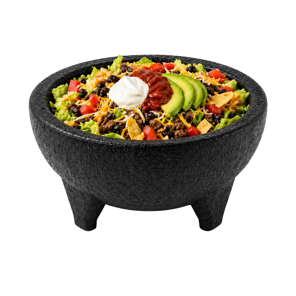 Chef 101 56 oz Round Black Thermal Plastic Molcajete Bowl - 8 3/4" x 8 3/4" x 4" - 10 count box