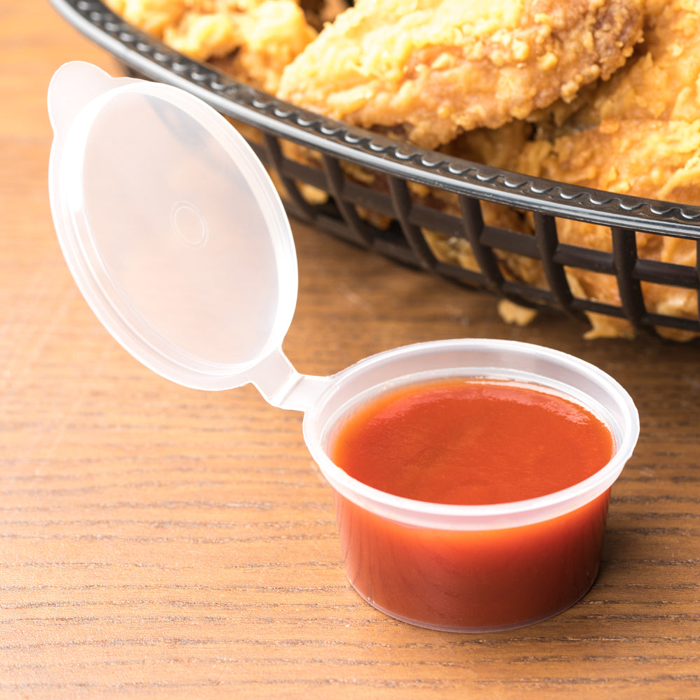 Chef 101 2 oz Clear Plastic Portion Cup - with Hinged Lid - 2 3/4" x 2 3/4" x 1" - 100 count box