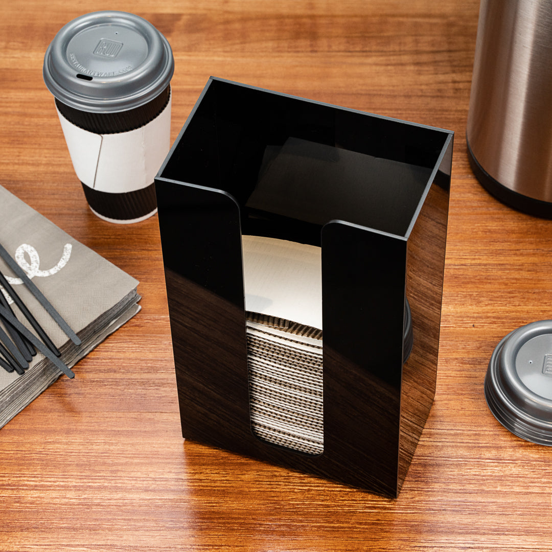 Restpresso Black Acrylic Vertical Coffee Cup Sleeve Dispenser - 6" x 3 1/2" x 10" - 1 count box