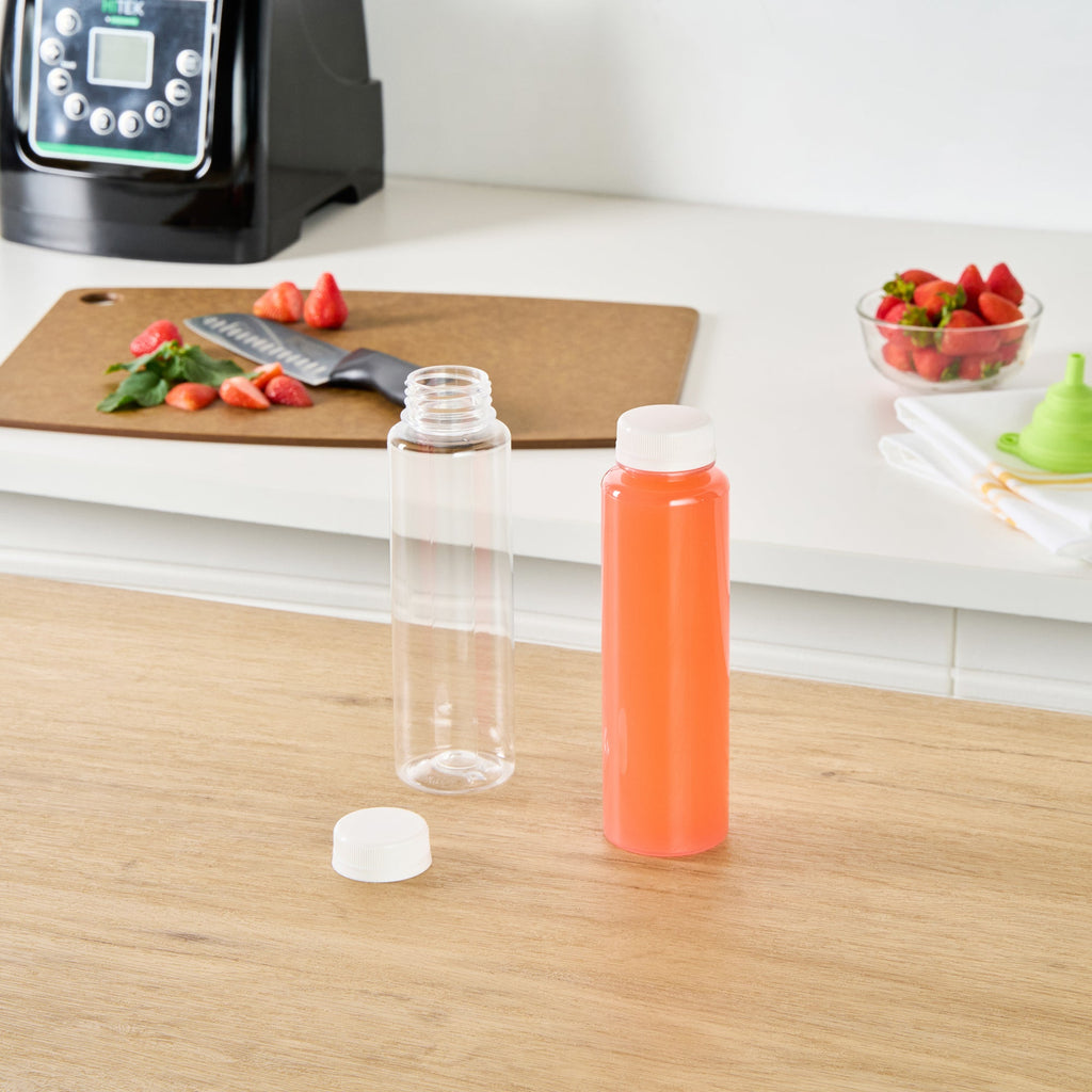 Bottle Tek 12 oz Round Clear Plastic Cold Pressed Juice Bottle - with Safety Cap - 2" x 2" x 7 1/4" - 100 count box