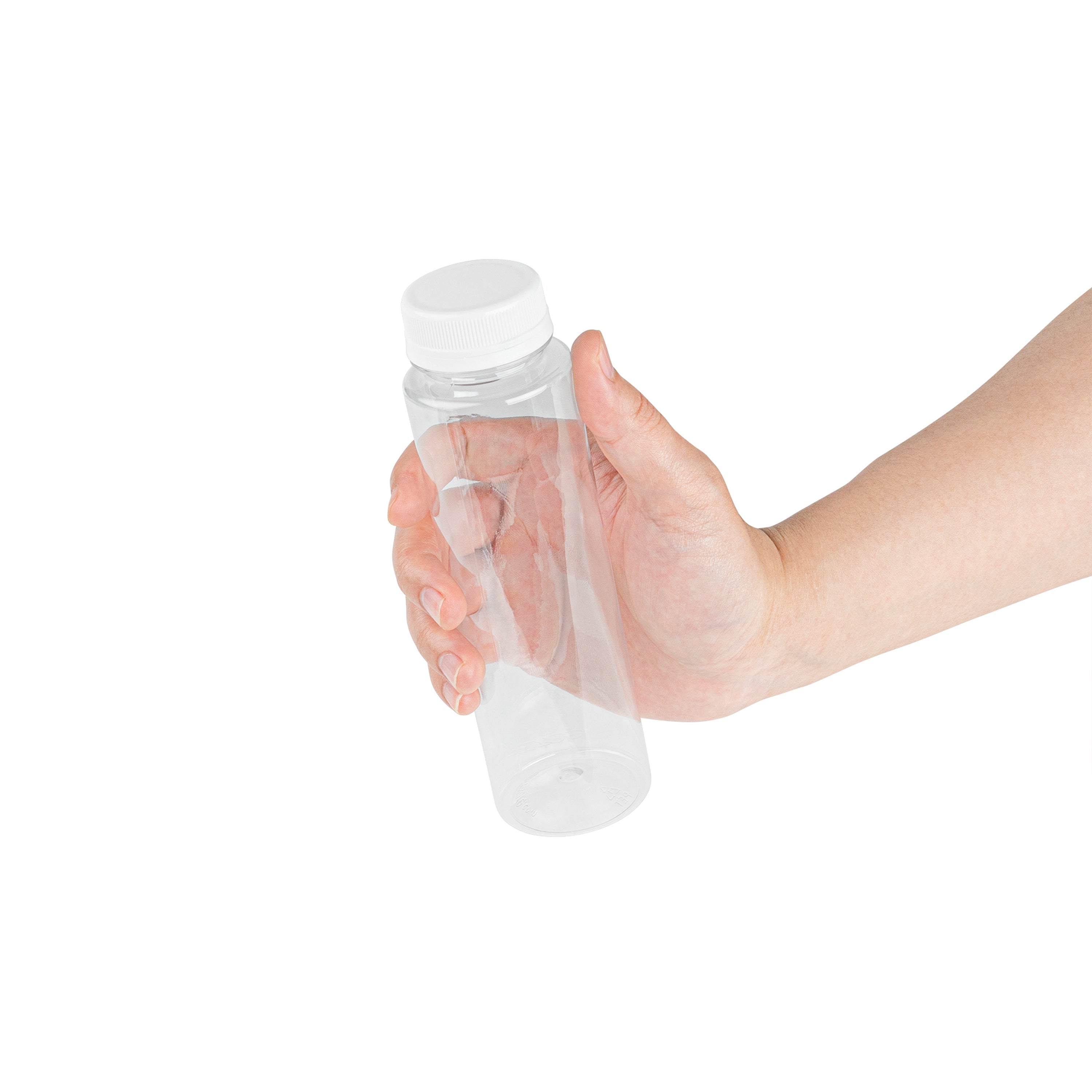 Bottle Tek 12 oz Round Clear Plastic Cold Pressed Juice Bottle - with Safety Cap - 2" x 2" x 7 1/4" - 100 count box