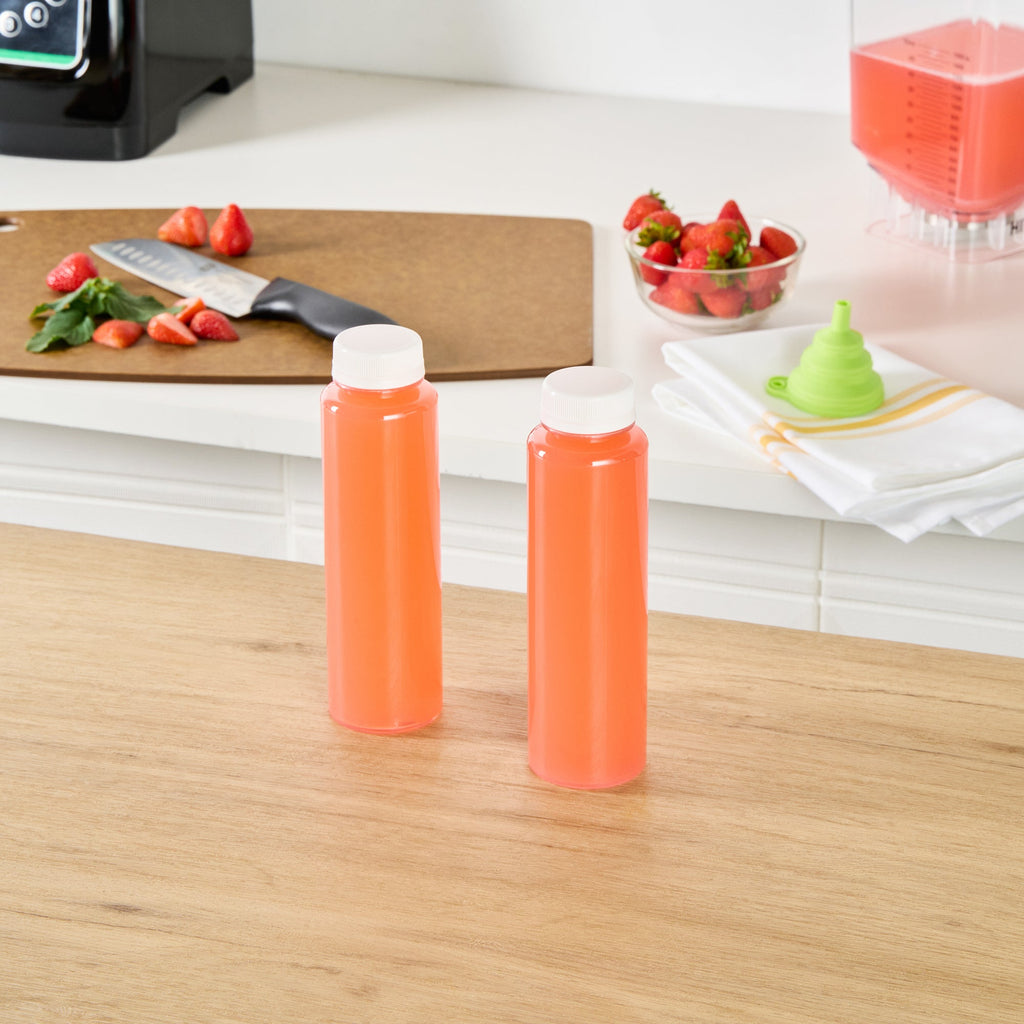 Bottle Tek 12 oz Round Clear Plastic Cold Pressed Juice Bottle - with Safety Cap - 2" x 2" x 7 1/4" - 100 count box