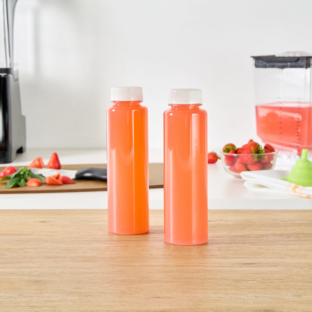 Bottle Tek 12 oz Round Clear Plastic Cold Pressed Juice Bottle - with Safety Cap - 2" x 2" x 7 1/4" - 100 count box