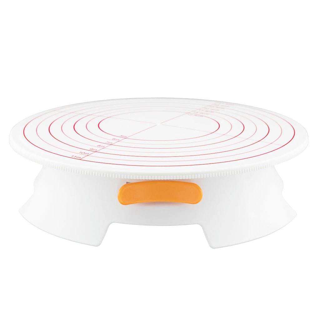 Pastry Tek Round White Plastic Revolving Cake Stand / Turntable - with Non-Slip Base, Silicone Piping Bag Set - 12" - 1 count box