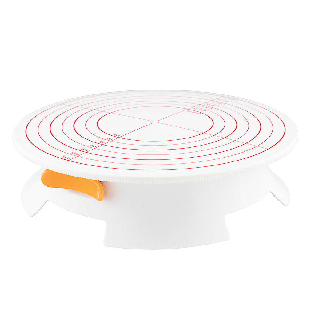 Pastry Tek Round White Plastic Revolving Cake Stand / Turntable - with Non-Slip Base, Silicone Piping Bag Set - 12" - 1 count box