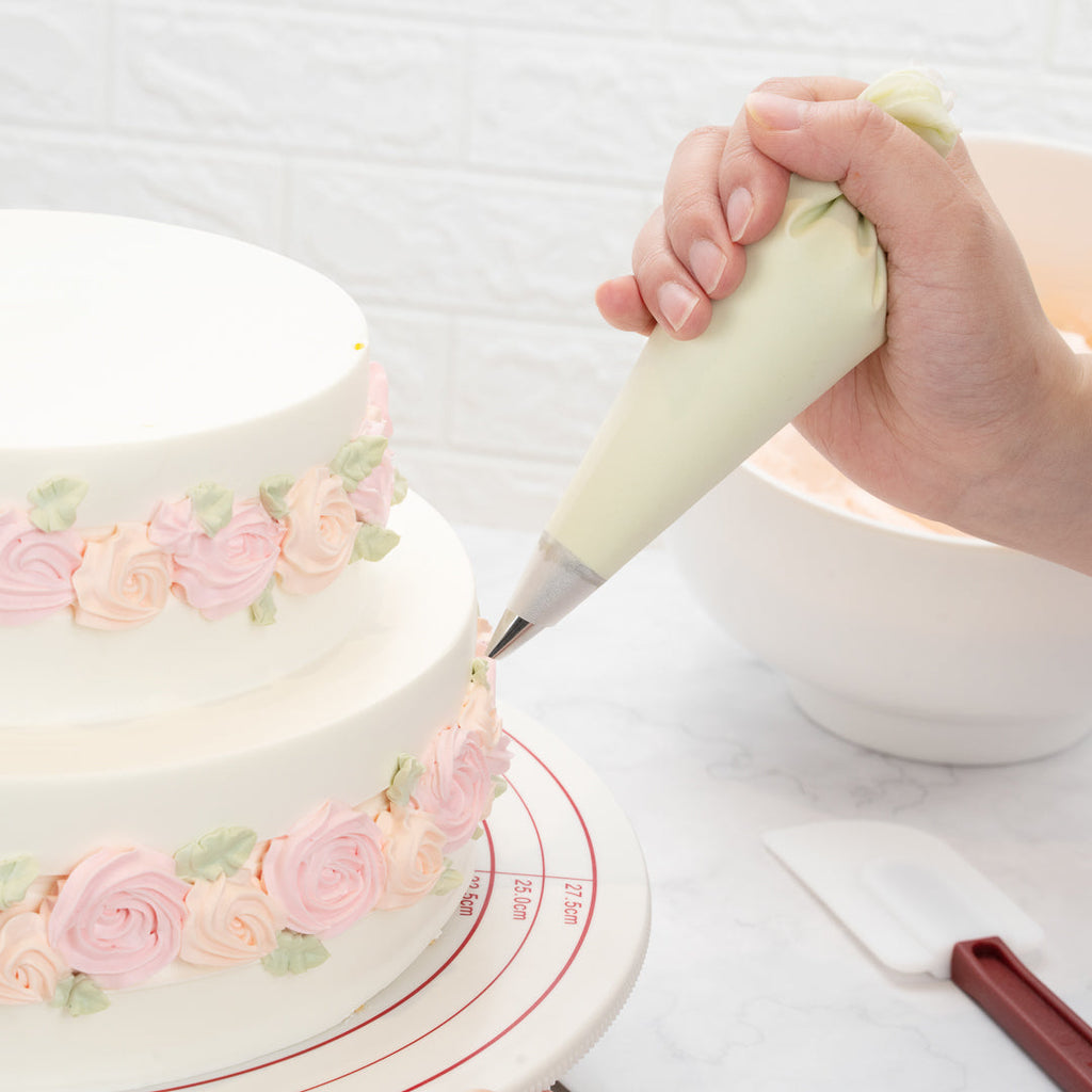 Pastry Tek Round White Plastic Revolving Cake Stand / Turntable - with Non-Slip Base, Silicone Piping Bag Set - 12" - 1 count box