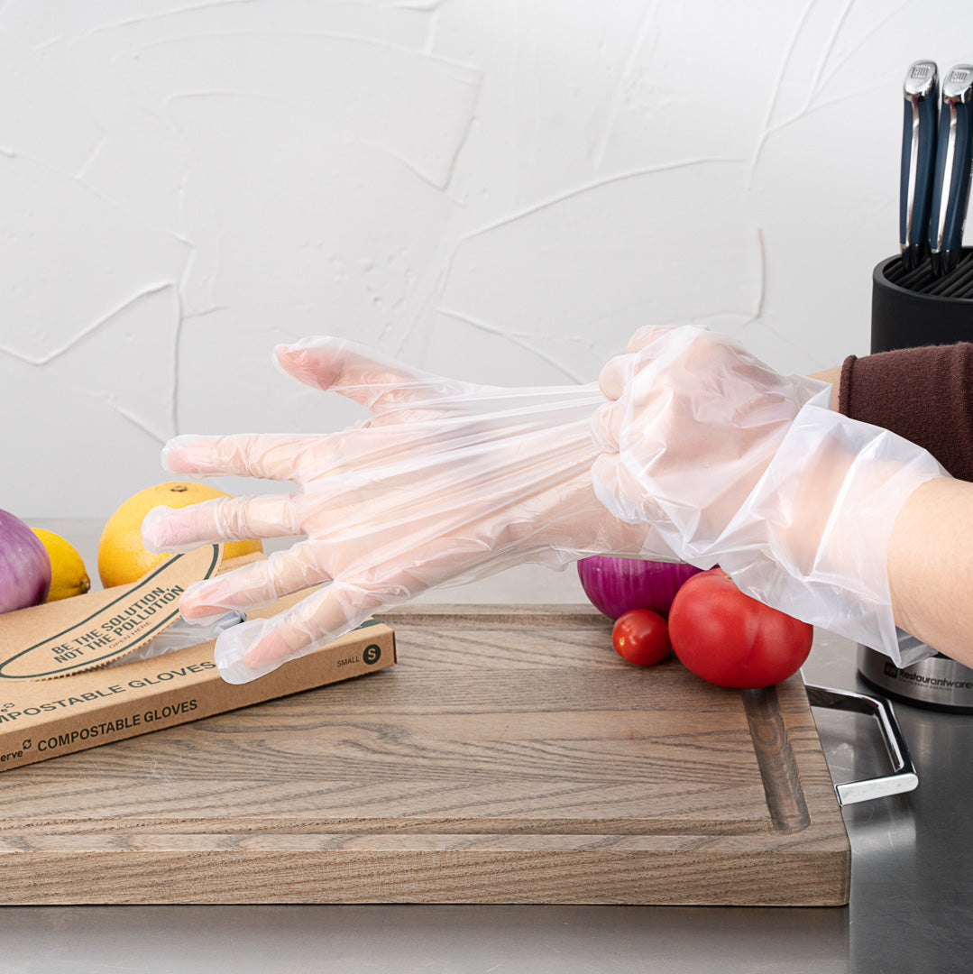Eco Serve Clear Plastic Small Compostable Gloves - Powder-Free - 10 1/4" x 8 3/4" - 100 count box