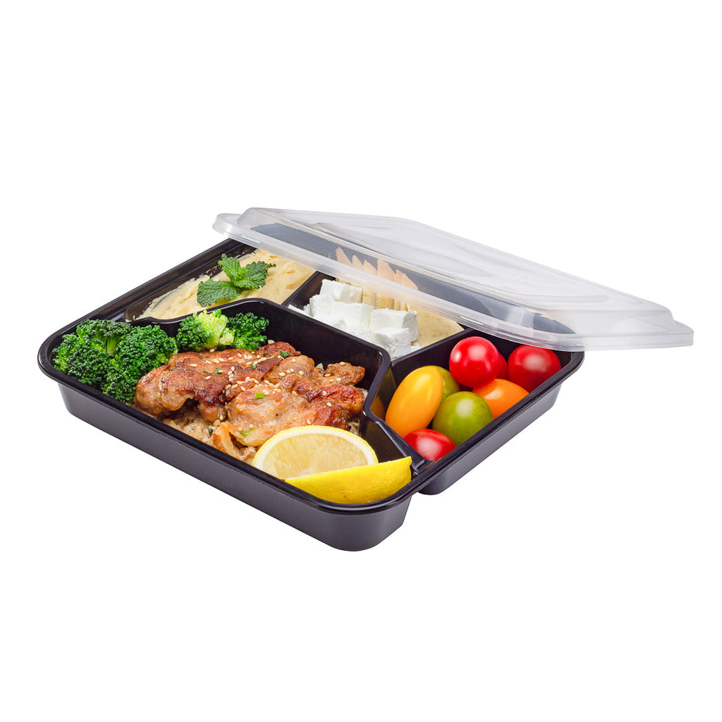 Asporto 34 oz Black Plastic 4 Compartment Food Container - with Clear Lid, Microwavable - 8 3/4" x 7 1/2" x 1 1/2" - 100 count box