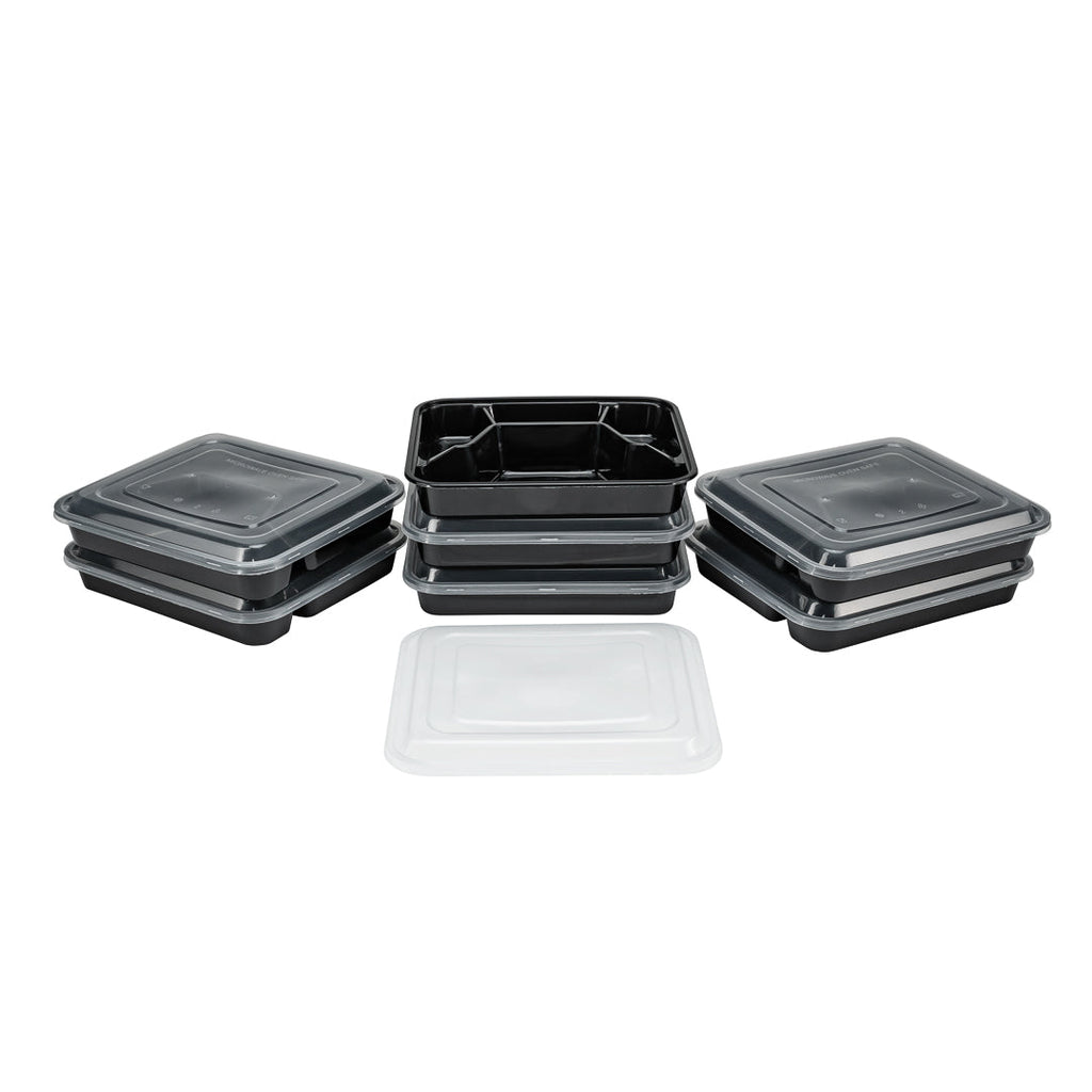 Asporto 34 oz Black Plastic 4 Compartment Food Container - with Clear Lid, Microwavable - 8 3/4" x 7 1/2" x 1 1/2" - 100 count box