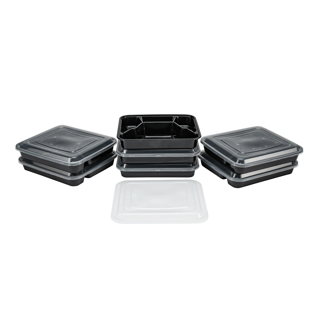 Asporto 34 oz Black Plastic 4 Compartment Food Container - with Clear Lid, Microwavable - 8 3/4" x 7 1/2" x 1 1/2" - 100 count box