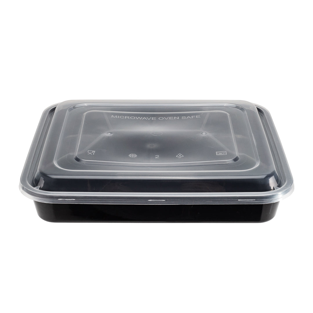 Asporto 34 oz Black Plastic 4 Compartment Food Container - with Clear Lid, Microwavable - 8 3/4" x 7 1/2" x 1 1/2" - 100 count box