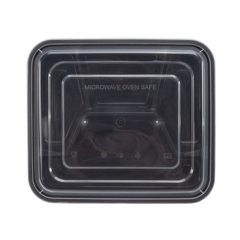 Asporto 34 oz Black Plastic 4 Compartment Food Container - with Clear Lid, Microwavable - 8 3/4" x 7 1/2" x 1 1/2" - 100 count box