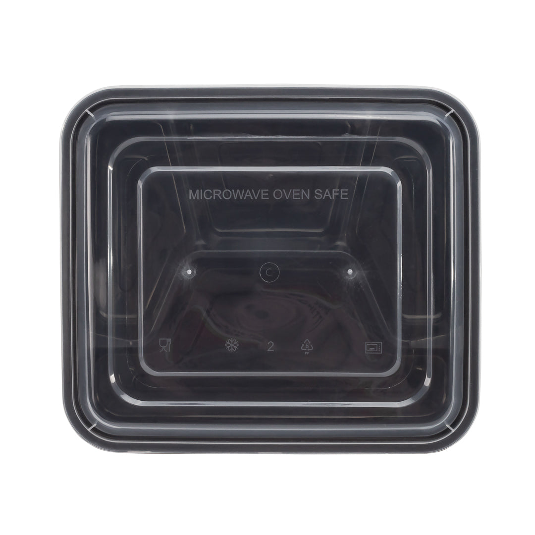 Asporto 34 oz Black Plastic 4 Compartment Food Container - with Clear Lid, Microwavable - 8 3/4" x 7 1/2" x 1 1/2" - 100 count box