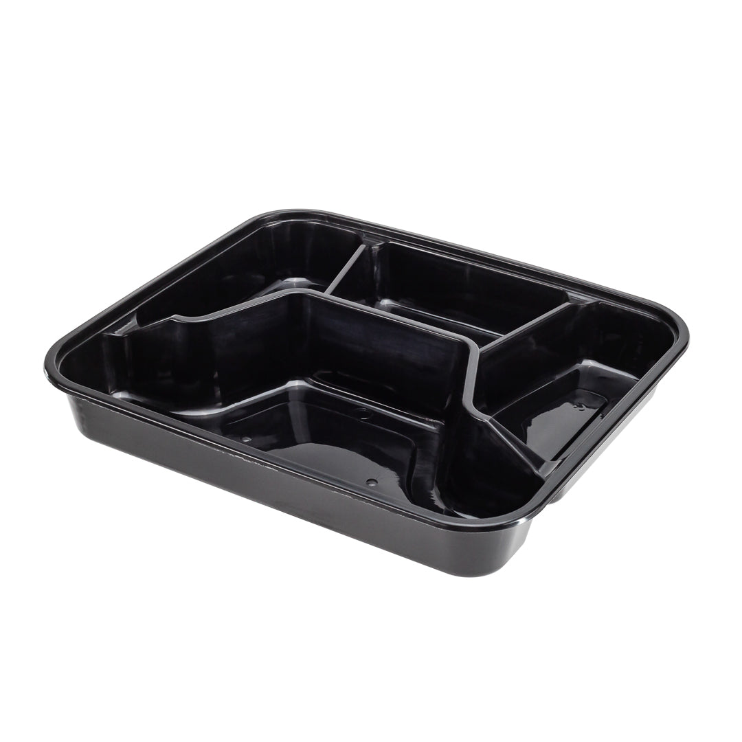Asporto 34 oz Black Plastic 4 Compartment Food Container - with Clear Lid, Microwavable - 8 3/4" x 7 1/2" x 1 1/2" - 100 count box