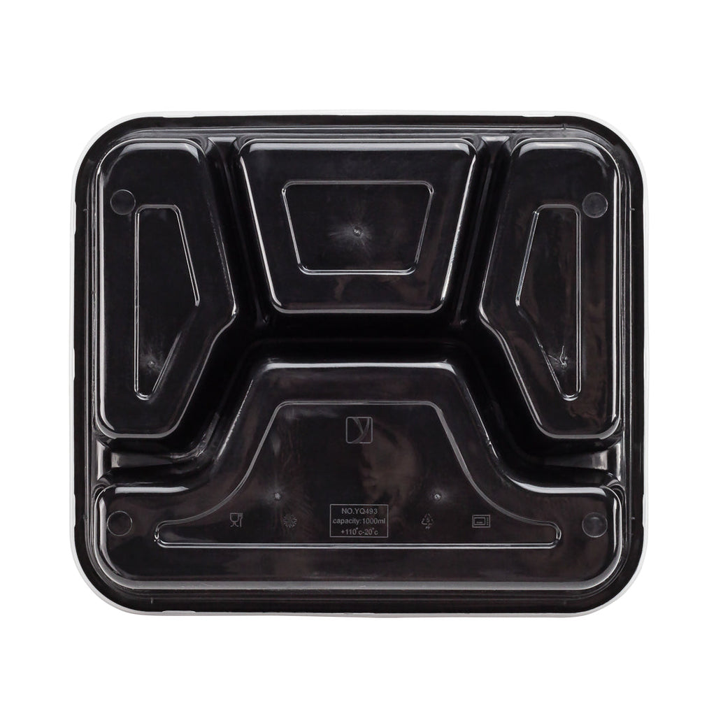 Asporto 34 oz Black Plastic 4 Compartment Food Container - with Clear Lid, Microwavable - 8 3/4" x 7 1/2" x 1 1/2" - 100 count box