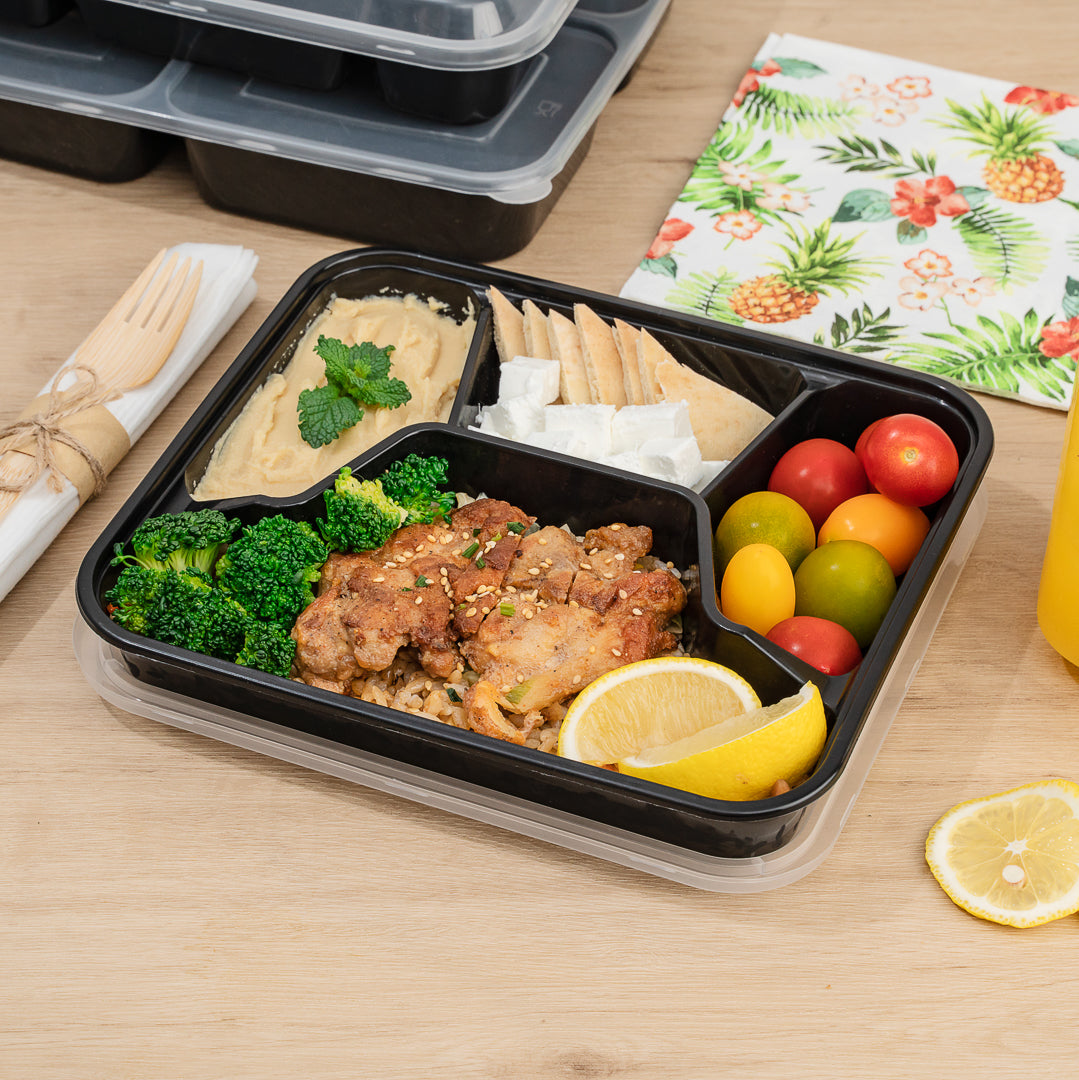 Asporto 34 oz Black Plastic 4 Compartment Food Container - with Clear Lid, Microwavable - 8 3/4" x 7 1/2" x 1 1/2" - 100 count box