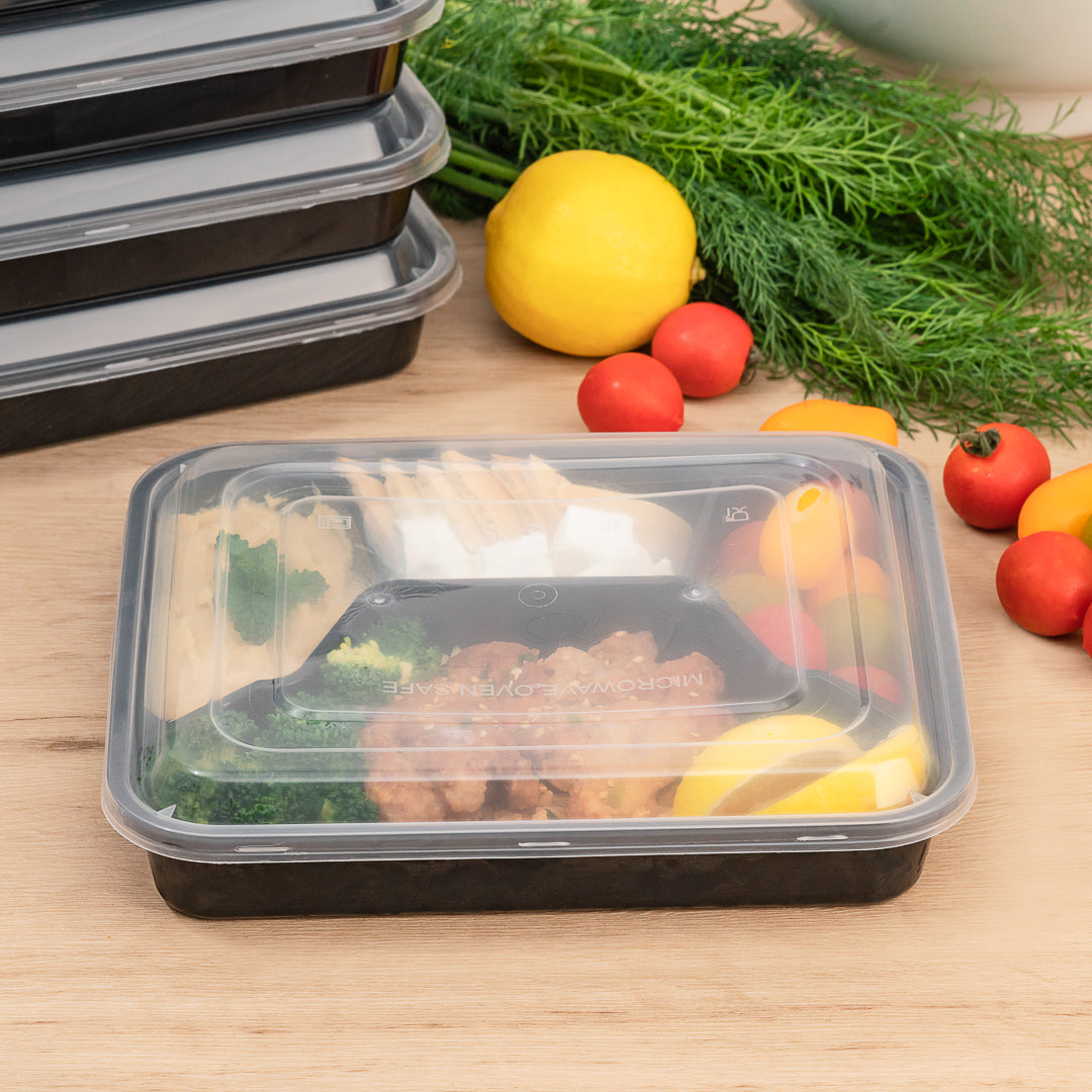 Asporto 34 oz Black Plastic 4 Compartment Food Container - with Clear Lid, Microwavable - 8 3/4" x 7 1/2" x 1 1/2" - 100 count box