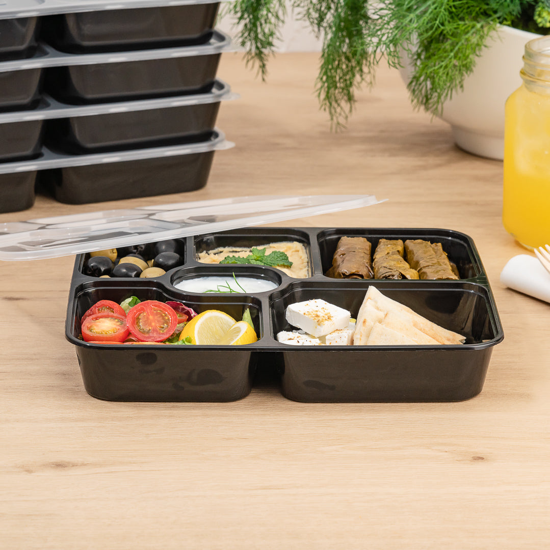 Asporto 53 oz Black Plastic 6 Compartment Food Container - with Clear Lid, Microwavable - 9 3/4" x 8 1/4" x 1 3/4" - 100 count box