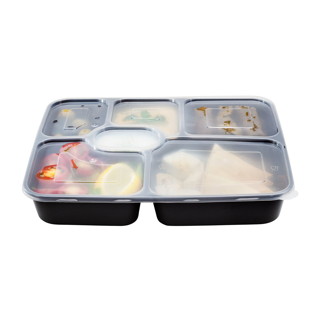 Asporto 53 oz Black Plastic 6 Compartment Food Container - with Clear Lid, Microwavable - 9 3/4" x 8 1/4" x 1 3/4" - 100 count box