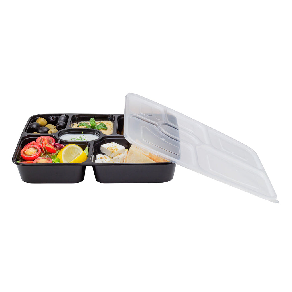 Asporto 53 oz Black Plastic 6 Compartment Food Container - with Clear Lid, Microwavable - 9 3/4" x 8 1/4" x 1 3/4" - 100 count box