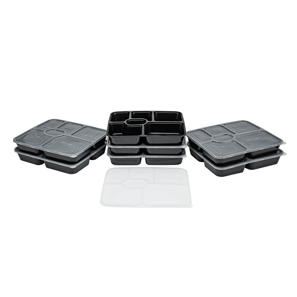 Asporto 53 oz Black Plastic 6 Compartment Food Container - with Clear Lid, Microwavable - 9 3/4" x 8 1/4" x 1 3/4" - 100 count box