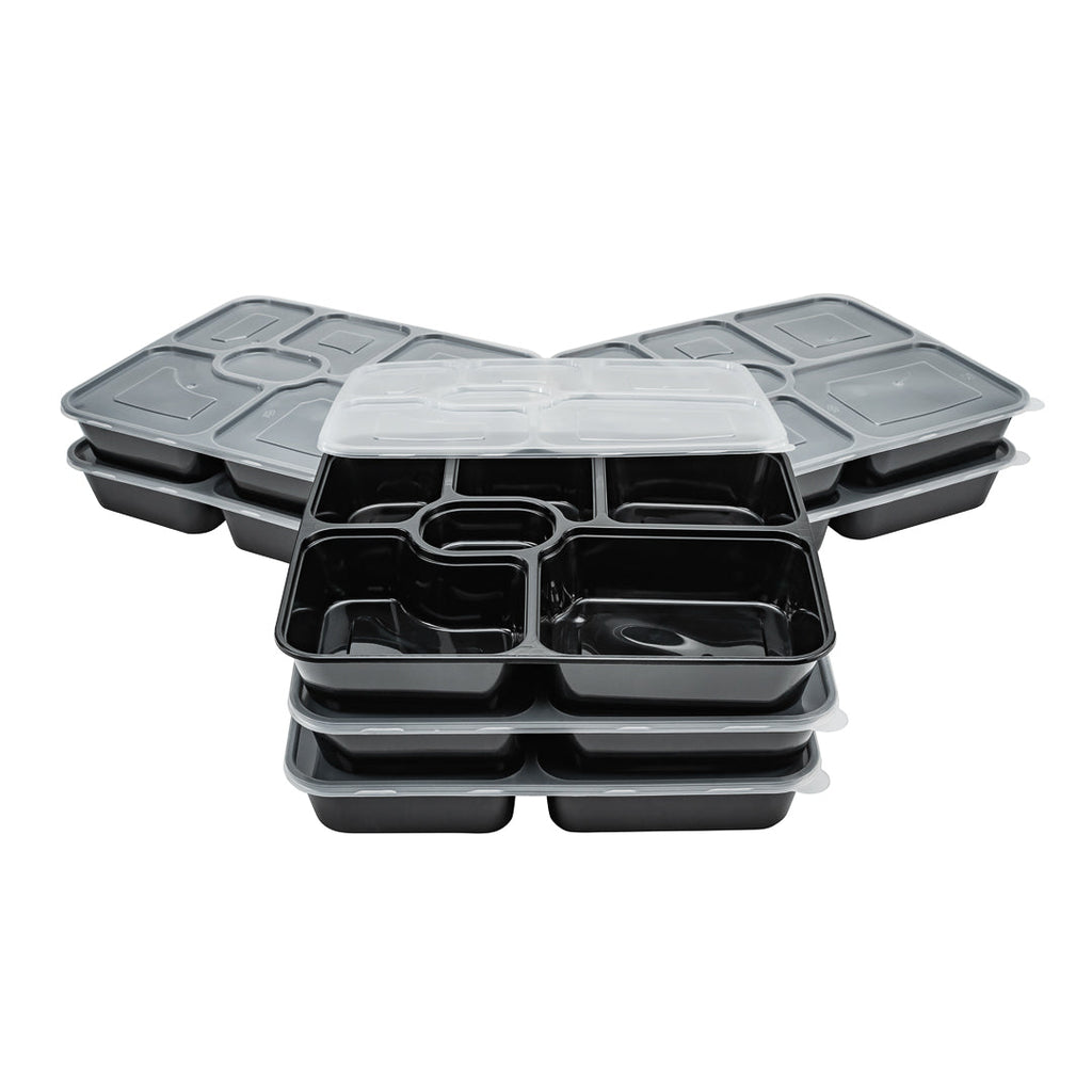 Asporto 53 oz Black Plastic 6 Compartment Food Container - with Clear Lid, Microwavable - 9 3/4" x 8 1/4" x 1 3/4" - 100 count box