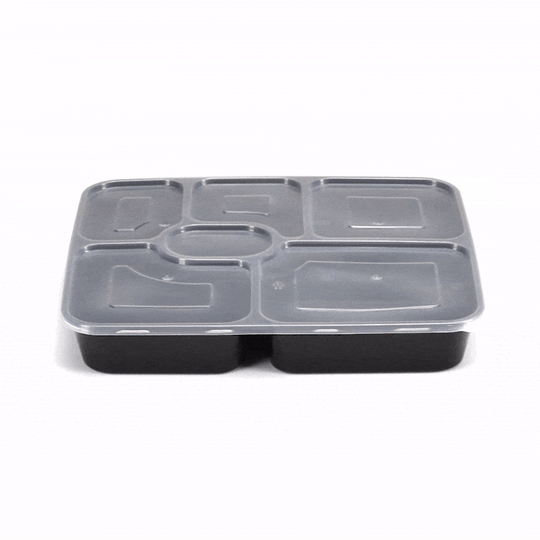 Asporto 53 oz Black Plastic 6 Compartment Food Container - with Clear Lid, Microwavable - 9 3/4" x 8 1/4" x 1 3/4" - 100 count box