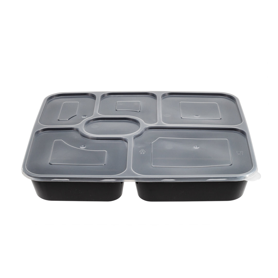 Asporto 53 oz Black Plastic 6 Compartment Food Container - with Clear Lid, Microwavable - 9 3/4" x 8 1/4" x 1 3/4" - 100 count box