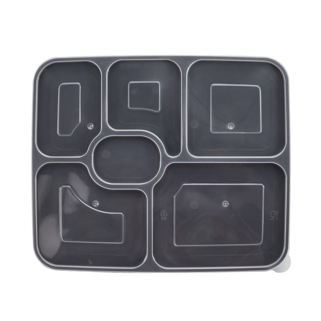 Asporto 53 oz Black Plastic 6 Compartment Food Container - with Clear Lid, Microwavable - 9 3/4" x 8 1/4" x 1 3/4" - 100 count box