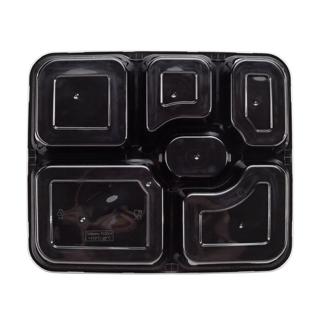Asporto 53 oz Black Plastic 6 Compartment Food Container - with Clear Lid, Microwavable - 9 3/4" x 8 1/4" x 1 3/4" - 100 count box