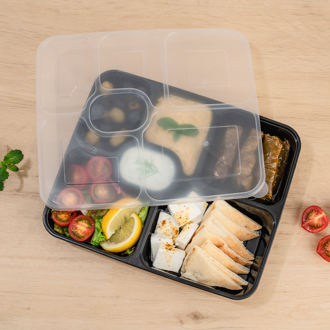 Asporto 53 oz Black Plastic 6 Compartment Food Container - with Clear Lid, Microwavable - 9 3/4" x 8 1/4" x 1 3/4" - 100 count box
