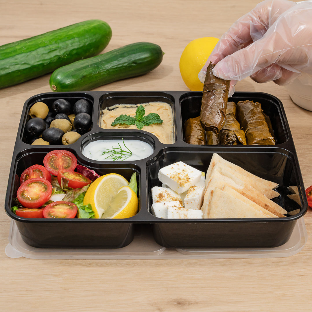 Asporto 53 oz Black Plastic 6 Compartment Food Container - with Clear Lid, Microwavable - 9 3/4" x 8 1/4" x 1 3/4" - 100 count box