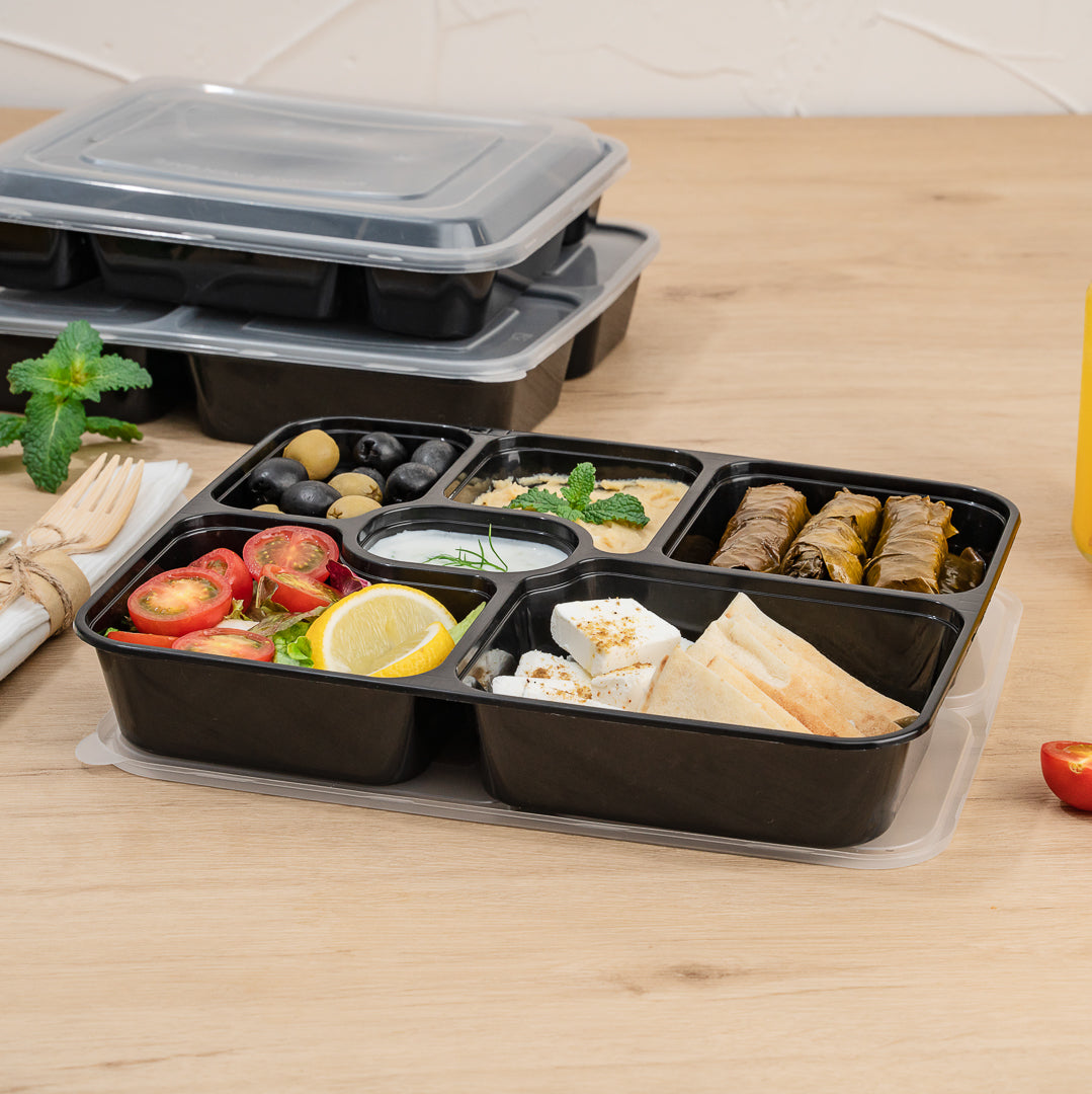 Asporto 53 oz Black Plastic 6 Compartment Food Container - with Clear Lid, Microwavable - 9 3/4" x 8 1/4" x 1 3/4" - 100 count box