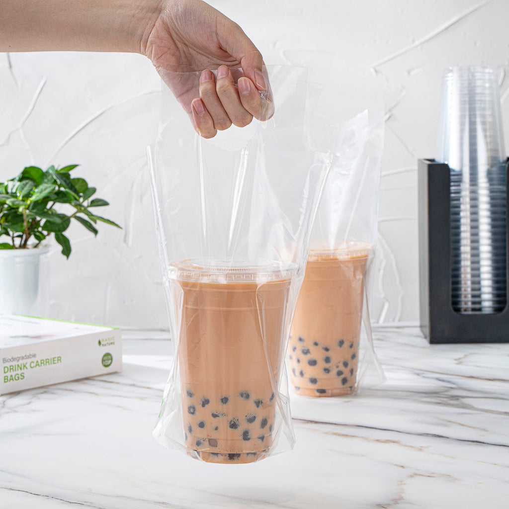 Basic Nature Clear Plastic Drink Carrier Bag - Fits 1 Cup, Biodegradable - 6 1/4" x 3 1/4" x 11" - 100 count box