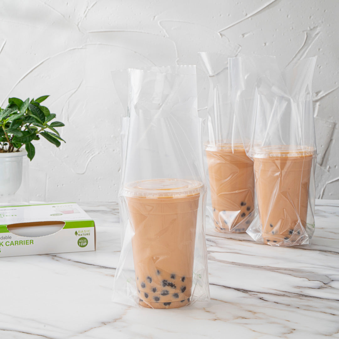 Basic Nature Clear Plastic Drink Carrier Bag - Fits 1 Cup, Biodegradable - 6 1/4" x 3 1/4" x 11" - 100 count box