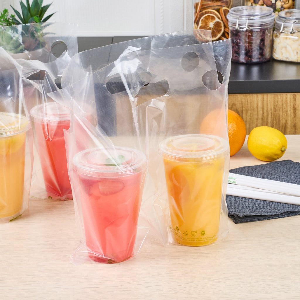Basic Nature Clear Plastic Drink Carrier Bag - Fits 2 Cups, Biodegradable - 12 1/2" x 3 1/4" x 11" - 100 count box