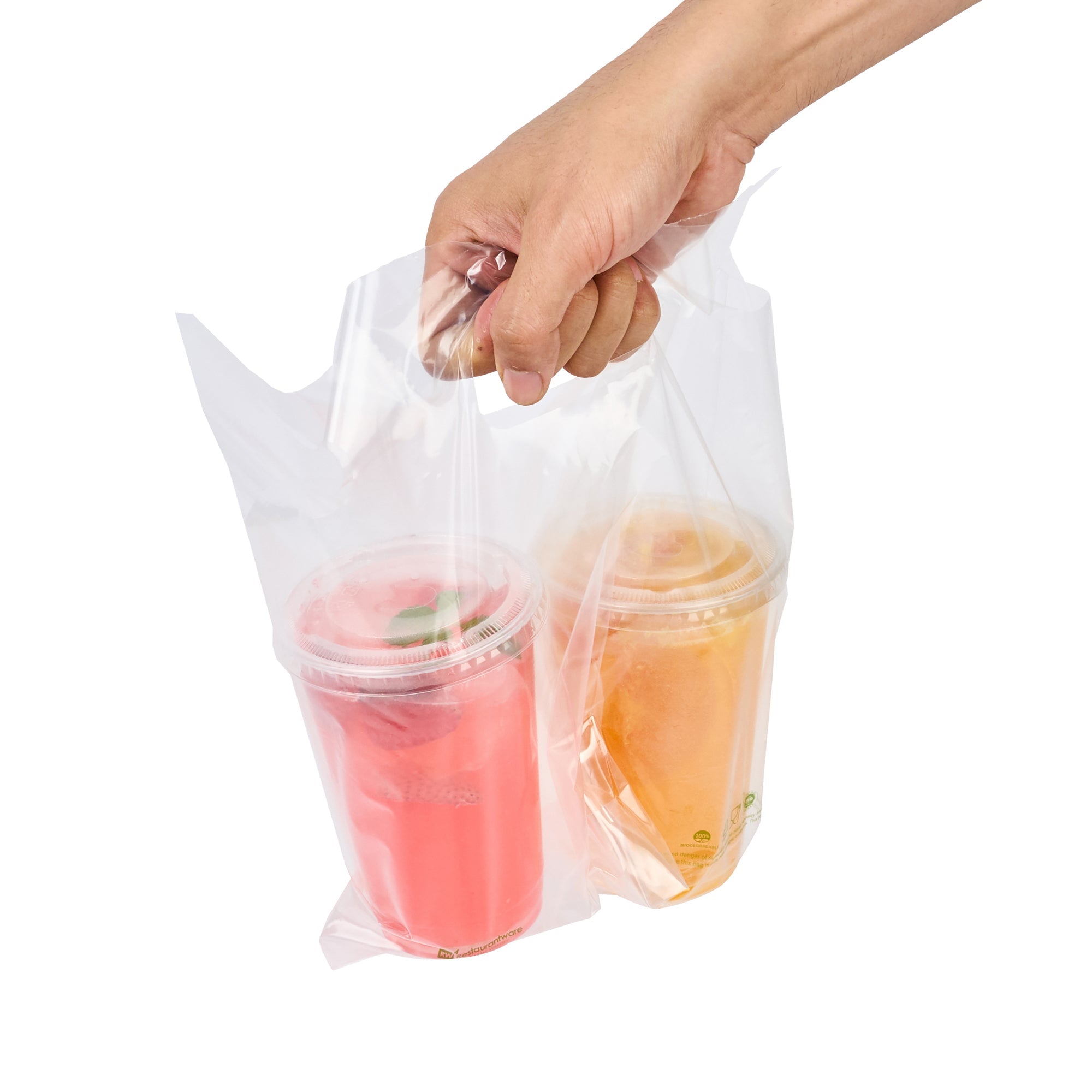 Basic Nature Clear Plastic Drink Carrier Bag - Fits 2 Cups, Biodegradable - 12 1/2" x 3 1/4" x 11" - 100 count box
