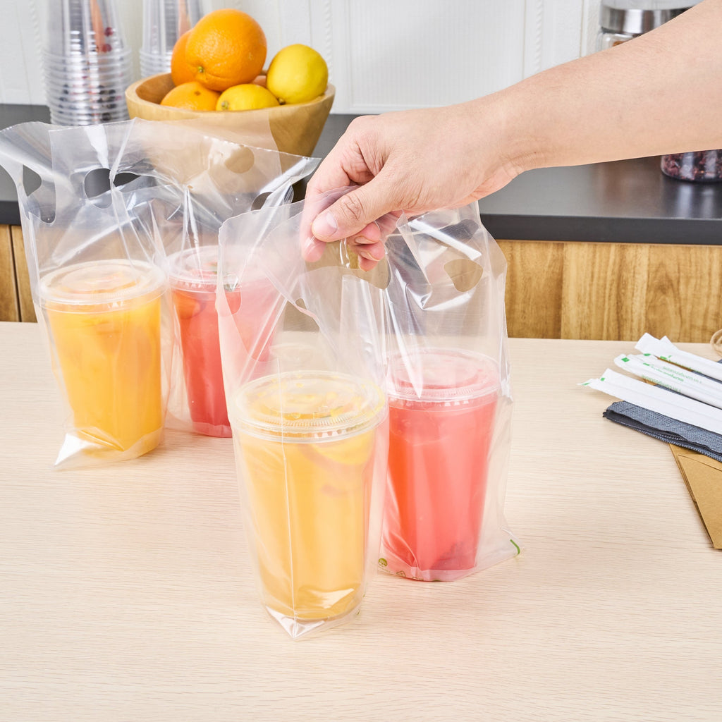Basic Nature Clear Plastic Drink Carrier Bag - Fits 2 Cups, Biodegradable - 12 1/2" x 3 1/4" x 11" - 100 count box